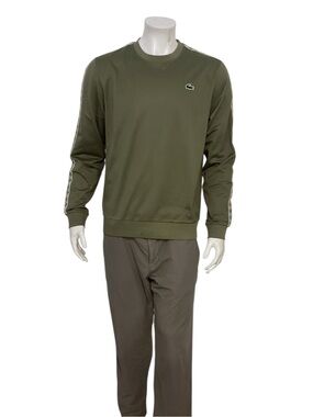 Lacoste Men's Olive Crewneck Sweatshirt with Sleeve Tape